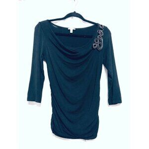 Cache Womens Small Black Zipper Accent Scoop Neck 3/4 Sleeves Blouse
